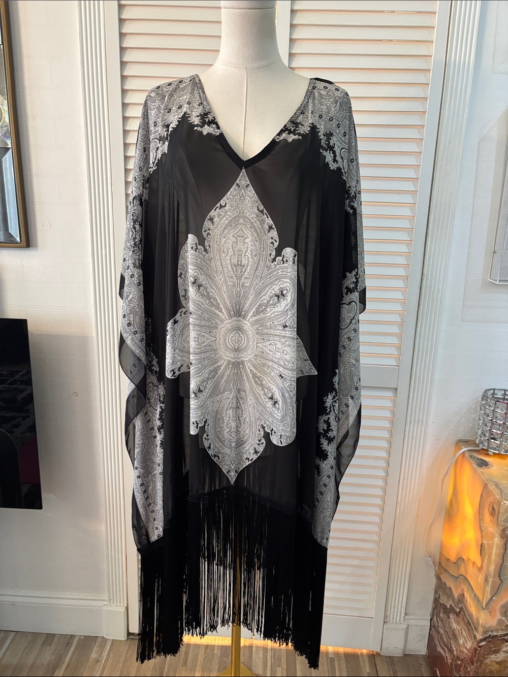 Black Sheer Fringe Tunic with White Medallion Print